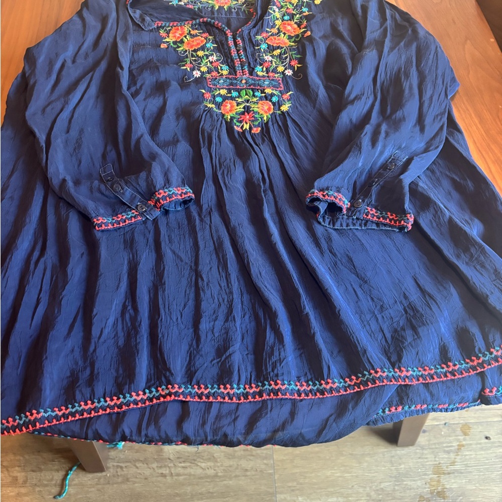 Johnny Was Navy Blouse with Colorful Embroidery